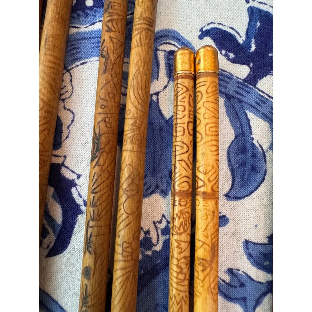 Vintage Assorted Chopsticks Set 9 Pairs Bamboo Carved Wood Lacquer Inlaid Decor